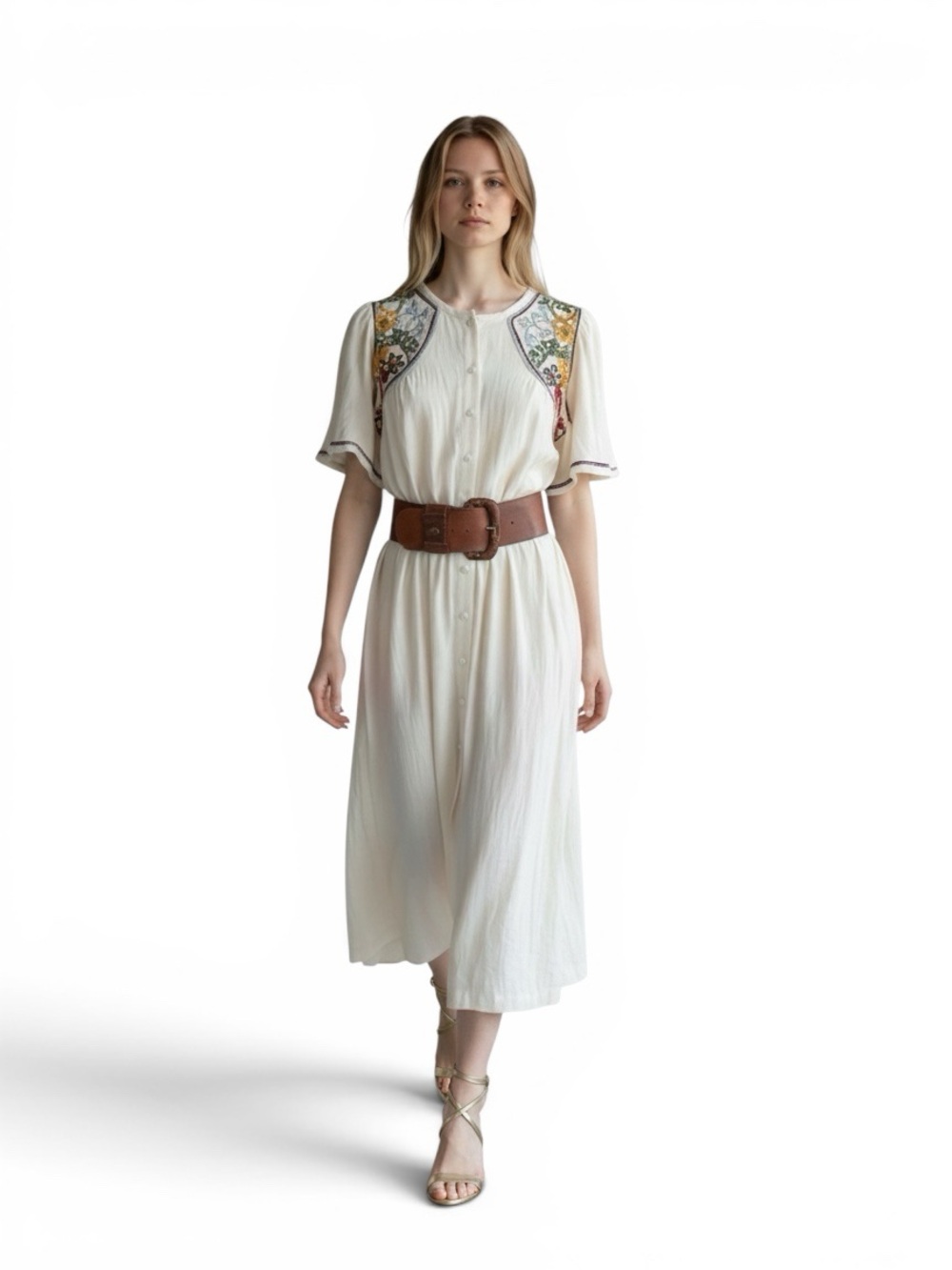 WYSE London Cotton Gauze Midi Dress Embroidered Boho Prairie Dress Size 1